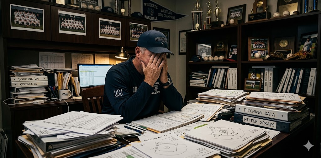 Coach overwhelmed by paper spray charts and binders
