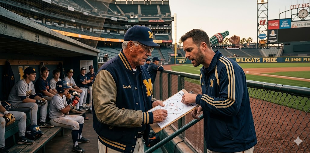 Coaches reviewing paper spray chart in dugout
