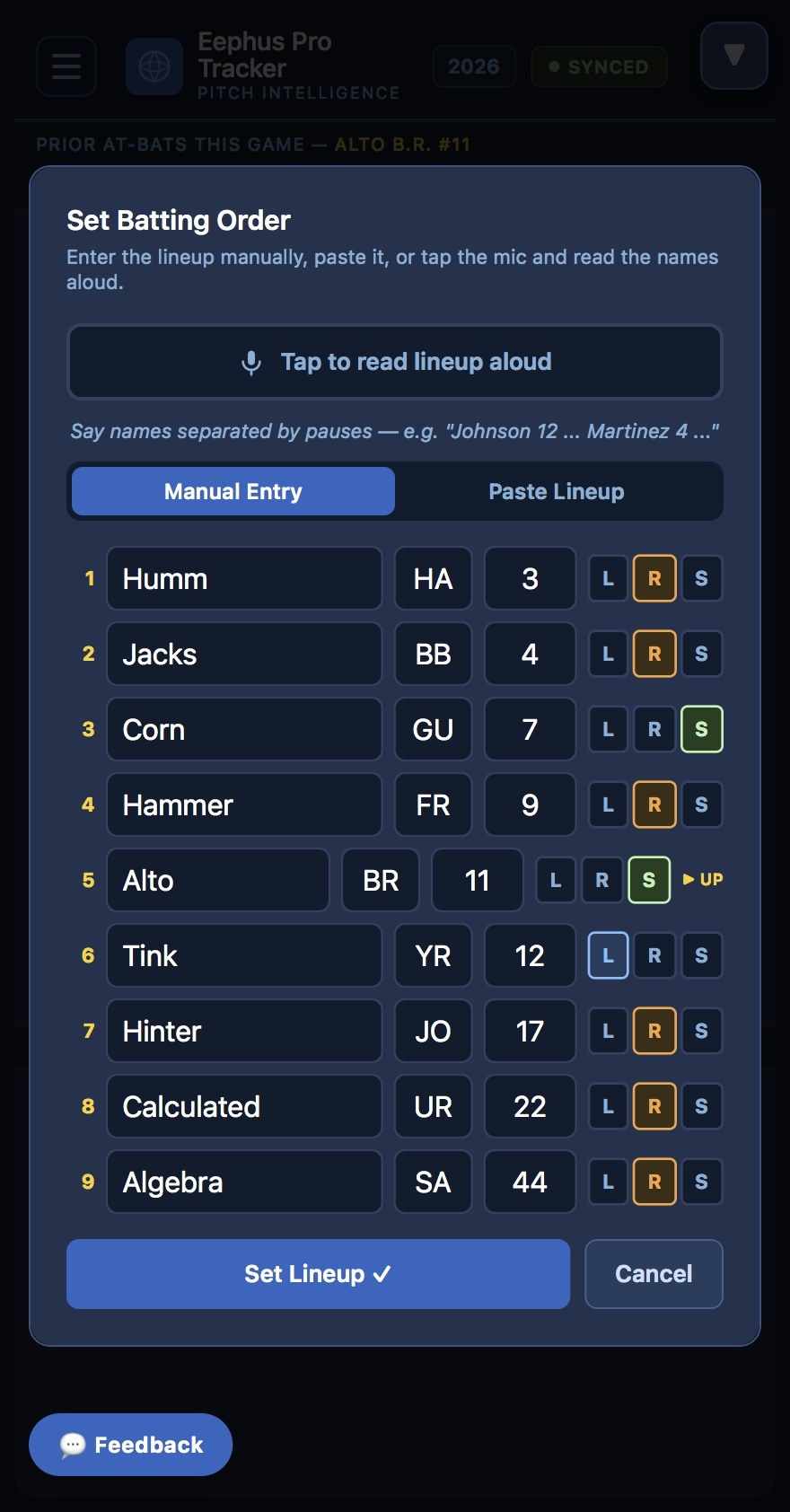 Eephus Pro set batting order screen — enter the lineup manually, paste it, or read the names aloud